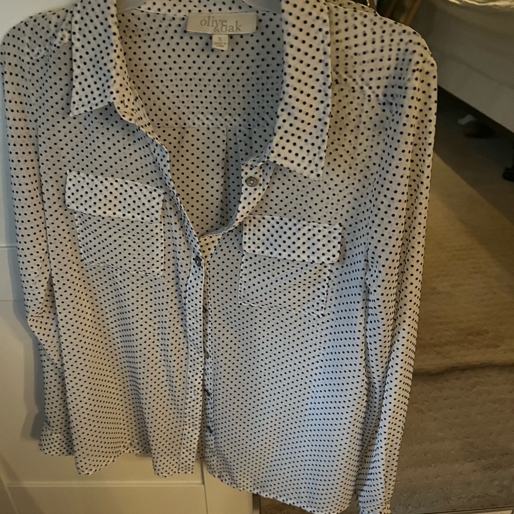 White & black FUN polka dot button down semi-sheer blouse. Like new.